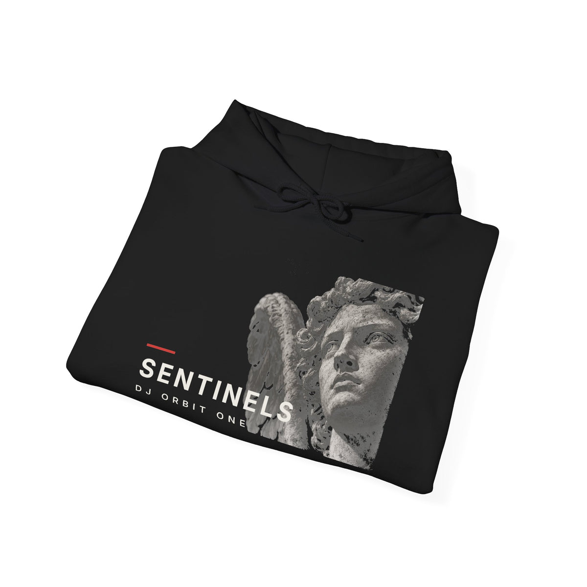 Folded black Sentinels Hoodie showing the stone angel graphic and SENTINELS DJ ORBIT ONE text