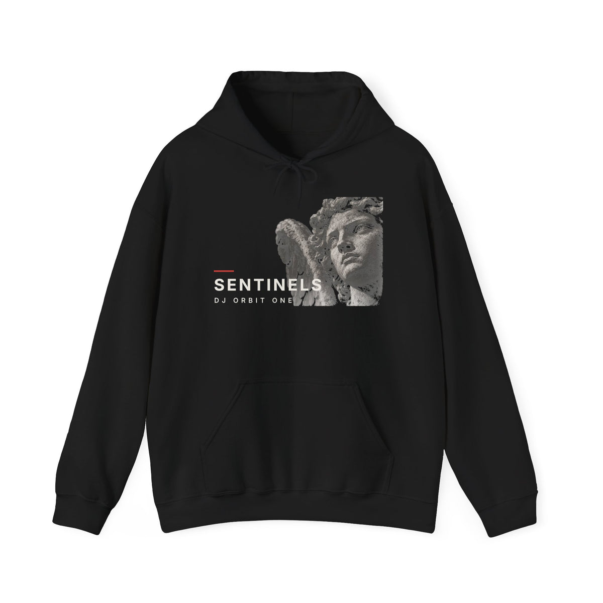 Black Sentinels Hoodie by DJ Orbit One with a stone angel statue graphic and SENTINELS lettering on the front, Catholic streetwear