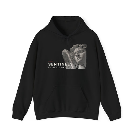 Black Sentinels Hoodie by DJ Orbit One with a stone angel statue graphic and SENTINELS lettering on the front, Catholic streetwear