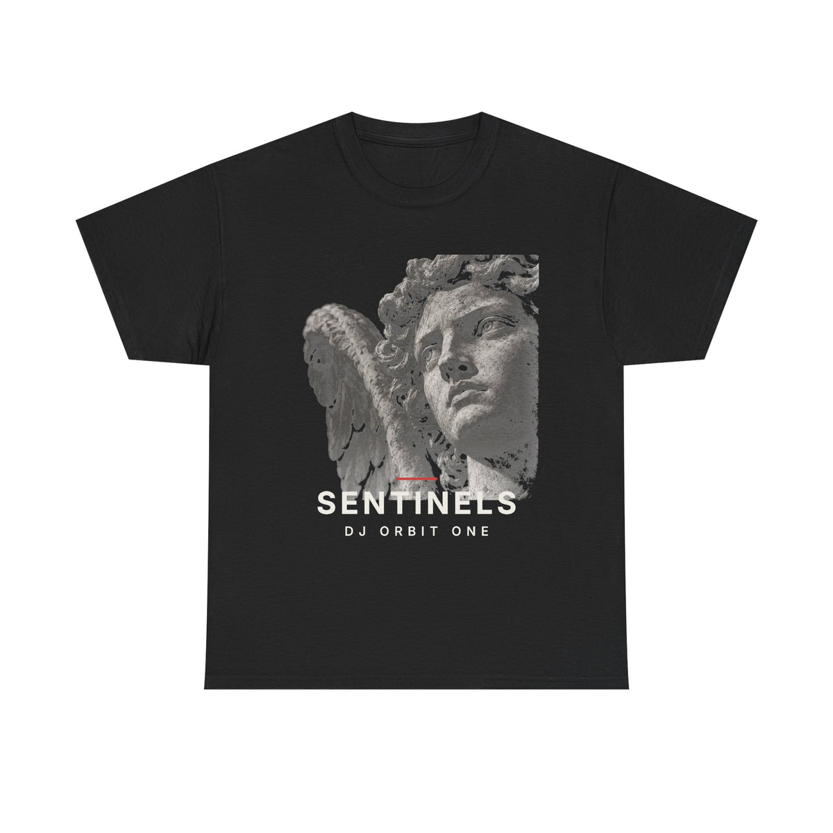 Black Sentinels Tee by DJ Orbit One with a stone angel statue graphic and SENTINELS lettering on the front, Catholic streetwear
